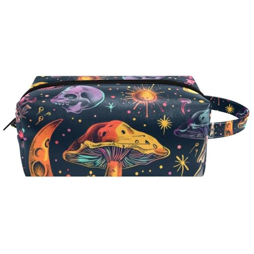 Magische bunte Make-up-Tasche mit Pilzen und Totenköpfen, wasserabweisend, Leder, Kulturbeutel, Reisetasche mit Griff, tragbare Kosmetiktasche für Damen, Herren, Mädchen, Mehrfarbig 04, 8.2x3.1x3.5 von Generisch