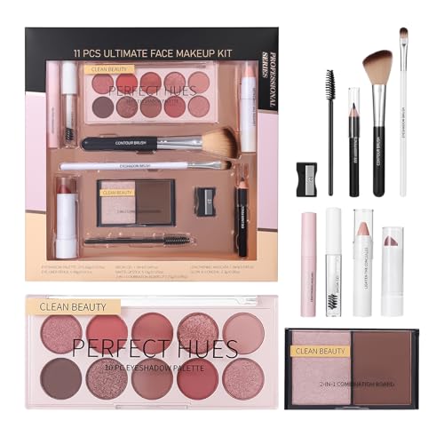 Make-up Set für Anfänger, Vollständiges Make-up-Set für Frauen, 11-teiliges Set mit Lidschatten Concealer Pinsel Lippenstift Highlighter für Alltag Halloween Hochzeit Verabredung Geburtstag von Generisch