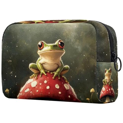 Make-up-Tasche für Damen, niedliche Kosmetiktasche, Frösche auf Pilz, bemalt, leicht, Kulturbeutel, Organizer, Aufbewahrungstasche für Mädchen, Frauen und Mütter, multi, 18.5x7.5x13cm/7.3x3x5.1in, Art von Generisch