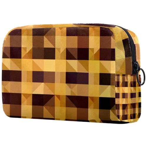 Make-up-Tasche für Damen, niedliche Kosmetiktasche, braun und gelb, kariert, leicht, Kulturbeutel, Organizer, Aufbewahrungstasche für Mädchen, Frauen und Mütter, multi, 18.5x7.5x13cm/7.3x3x5.1in, Art von Generisch