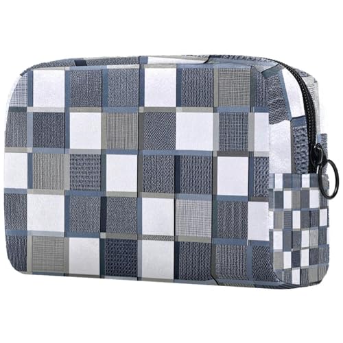Make-up-Tasche für Geldbörse, Reise-Kosmetiktasche, Make-up-Tasche, tragbar, vielseitig, Reißverschlusstasche für Damen, graues Karomuster, multi, 18.5x7.5x13cm/7.3x3x5.1in, Art déco von Generisch