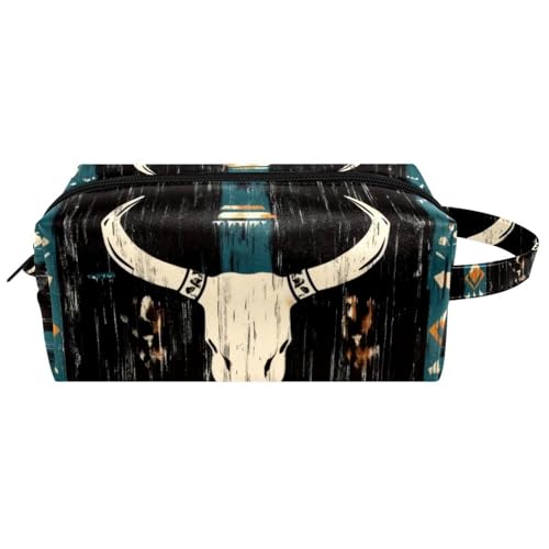 Make-up-Tasche im Western-Stil, Boho-Stil, Motiv: Bullenschädel zum Aufhängen, wasserabweisend, Leder, Kulturbeutel, Reisetasche mit Griff, tragbare Kosmetiktasche für Damen, Herren, Mädchen, von Generisch