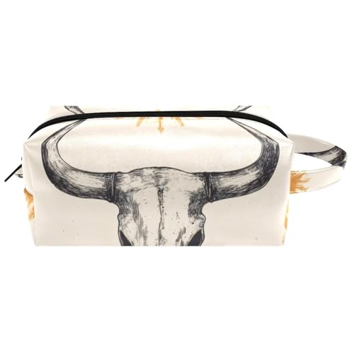 Make-up-Tasche im Western-Stil, Boho-Stil, Motiv: Bullenschädel zum Aufhängen, wasserabweisend, Leder, Kulturbeutel, Reisetasche mit Griff, tragbare Kosmetiktasche für Damen, Herren, Mädchen, von Generisch