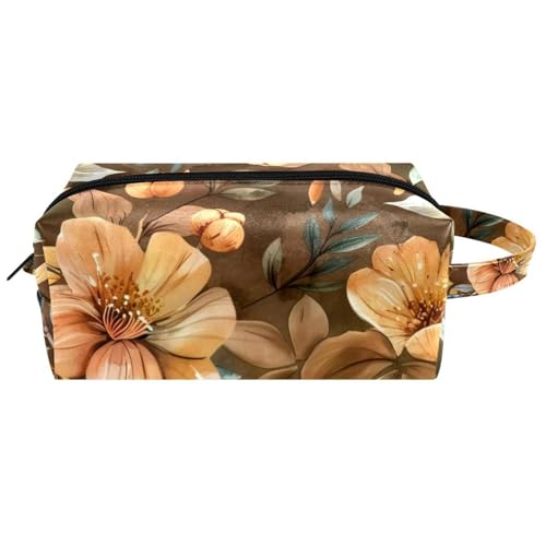 Make-up-Tasche mit Aquarell-Blumen und Blättern, brauner Hintergrund, wasserabweisend, Leder, Kulturbeutel, Reisetasche mit Griff, tragbare Kosmetiktasche für Damen, Herren, Mädchen, Mehrfarbig 09, von Generisch