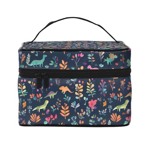 Make-up-Tasche mit Dinosaurier-Blume, Waldblätter, Kosmetiktasche, Reise-Kulturbeutel, Organizer für Damen und Mädchen, tragbarer Kosmetikkoffer von Generisch