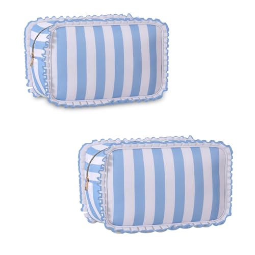 Make-up-Tasche mit Rüschen, Gingham-Rüschen, große Reise-Kosmetiktasche für Damen und Mädchen, Kulturbeutel, Make-up-Organizer, Blaue Streifen, 2 cps, Klassisch von Generisch