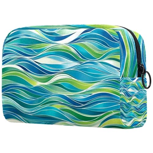 Make-up-Tasche mit abstraktem Meereswellen-Motiv, blaue Muster, Kosmetiktasche für Damen, große Make-up-Tasche, Organizer, Make-up-Kulturbeutel, multi, 18.5x7.5x13cm/7.3x3x5.1in, Art déco von Generisch
