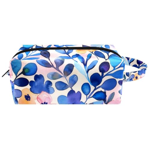 Make-up-Tasche zum Aufhängen, wasserfest, Leder, Kulturbeutel, Reisetasche mit Griff, tragbare Kosmetiktasche für Damen, Herren, Mädchen, Aquarell-Blau, Mehrfarbig 04, 8.2x3.1x3.5 in/21x8x9 cm von Generisch