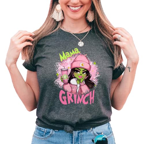 Mama Grinch Bleached T-Shirt Streetwear Graphic Women Shirt Athletic Short Sleeve, dunkelgrau, L von Generisch