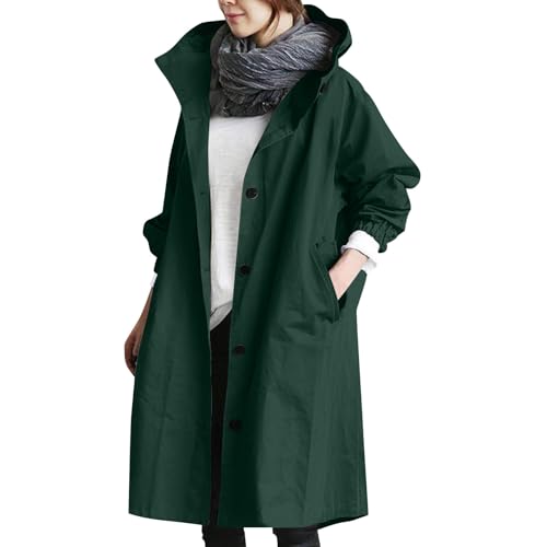 Mantel Damen Elegant Trenchcoat Leichte Regenmantel Mit Knöpfen Regenjacke Mit Taschen Kapuzenjacke Locker Softshelljacke Einfarbig Übergangsjacken Casual Windbreaker Langarm Outdoorjacke Lang von Generisch