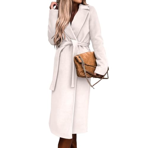Mantel Damen Lang mit Gürtel Trenchcoat Damen Winter Wollmantel Damen Elegant Revers Lange Wintermantel Warm Damenmantel mit Schlitz Langer Winterjacke Frauen Einfarbig Übergangsmantel Casual von Generisch