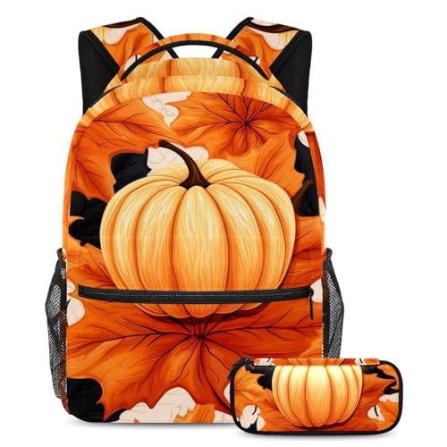 Maple Leaves Pumpkin Kinder-Schulranzen-Set mit Federmäppchen, Rucksack mit großem Fassungsvermögen, für Jungen, Mädchen, Teenager, 2-teilig, Mehrfarbig Nr. 07, B：29.4x20x40cm P：19x7.5x3.8cm, von Generisch