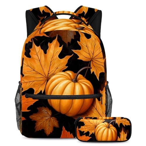 Maple Leaves Pumpkin Upgrade Your School Essentials, Rucksack mit Federmäppchen, perfekt für Jungen, Mädchen und Teenager, Mehrfarbig Nr. 05, B：29.4x20x40cm P：19x7.5x3.8cm, Tagesrucksäcke von Generisch