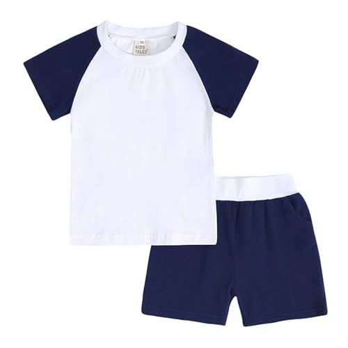 Marineblau Schlafanzug Jungen 140 Baumwolle Sommer Nachtwäsche Für Mädchen Color Block Kinder Zweiteiler Hausanzug 2-Teiler Kurze Hose Und T-Shirt Pyjama Set Schlafanzüge Kurz Sleepwear Kids Boys von Generisch