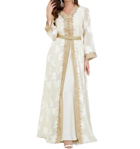 Marokkanischer Kaftan für Damen, bestickt, Chiffon, Abaya, Gürtel, 2-teilig, Ramadan, muslimisch, arabisch, Abendkleid, Hochzeitskleider, Weißes Set, 38 von Generisch