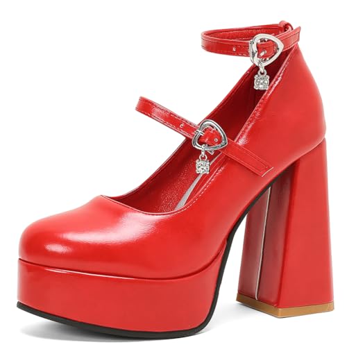 Damen Mary Jane Sandalen Plateau Blockabsatz Rundspitze Doppelknöchelriemen Für Hochzeit & Festliche Veranstaltungen,Rot,39 EU von Generic