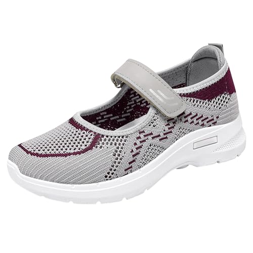 Mary Jane Damen-Wanderschuhe, weite Passform, Keilabsatz, lässig, modisch, rutschfest, leicht, niedrig, Schnürung, orthopädische Turnschuhe, atmungsaktives Netzgewebe, Fußgewölbeunterstützung, grau von Generisch