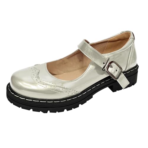 Mary Jane Schuhe Damen Flach Lederschuhe Mit Blockabsatz Elegante Modische Prinzessin Schuhe Bequeme Pu-Leder Mokassins Leicht Frauen Einzelneschuhe Plateausohle Freizeitschuhe mit Schnalle von Generisch