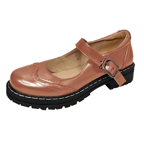 Mary Jane Schuhe Damen Flach Lederschuhe Mit Blockabsatz Elegante Modische Prinzessin Schuhe Bequeme Pu-Leder Mokassins Leicht Frauen Einzelneschuhe Plateausohle Freizeitschuhe mit Schnalle von Generisch