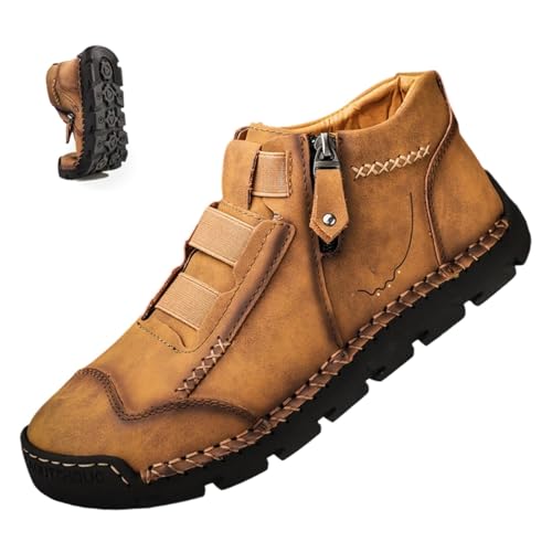 Matufit Schuhe für Herren, echtes Leder, wasserdicht, rutschfest, modisch, orthopädische Schuhe, seitlicher Reißverschluss, Slipper, Outdoor-Flats, gelb, 48 EU von Generisch