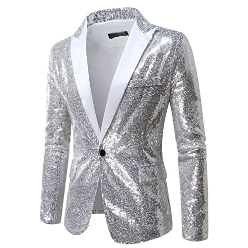 Generisch Max Q Herren Herren Glänzende Pailletten Party Dinner Prom One Button Anzugjacke Overall Damen (Silver-a, XL) von Generisch