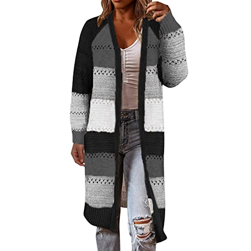 Maxi Cardigan Damen Boho Open Front Cardigan Langarm locker gestrickte leichte Pullover Sweatjacke Damen Sommer (Black, XXL) von Generisch