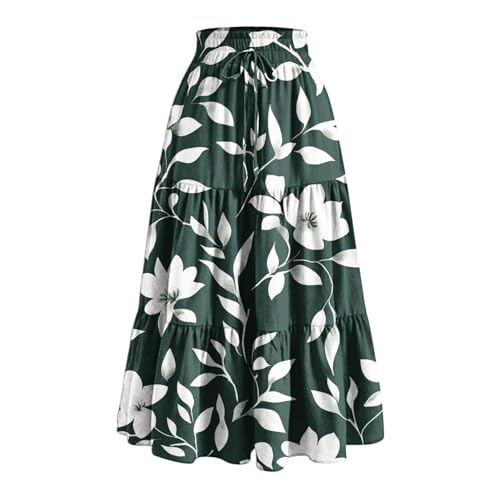 Maxi-Röcke für Damen, elegant, Blumendruck, gestuft, lange Röcke mit Tasche, Sommer, lässig, Kordelzug, ausgestellte Röcke, armee-grün, XL von Generisch