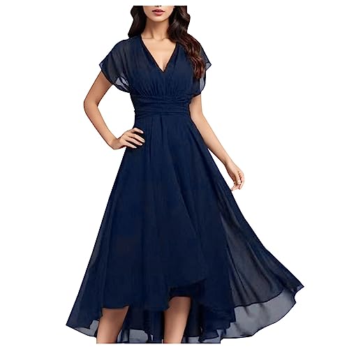 Maxikleid Damen Elegant Chiffon Einfarbig Abendkleid V-Ausschnitt Kurzarm Lange Kleider Hohe Taille Swing Partykleid Frauen Elegant Solide Cocktailkleid Dünne Mesh Lang Dress für Hochzeit Party von Generisch