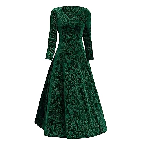 Maxikleid Damen Elegant Große Größen : Samtkleid Damen Lang V-Ausschnitt Freizeitkleid Vintage Bedrucktes A-Linie Kleid Elegant Winterkleid Renaissance Kleid Warme Plisseekleid Herbstkleid Abendkleid von Generisch