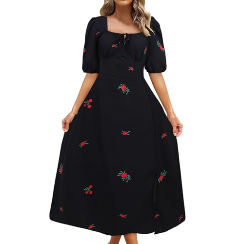 Maxikleid Damen Sommer Elegant Blumen Sommerkleid Damen Leicht Geblümt Lang Kleider Damen Sommer Maxi A Linie mit Schlitz Sommerkleider Frauen Luftig Hohe Taille Kleid Quadratischer Kragen von Generisch