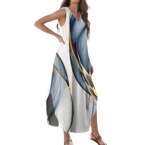 Maxikleid Damen Sommer Elegant Strandkleid Damen Luftig Damenkleider Lang mit Schlitz Sommerkleid A Linie Sommerkleider Leicht Ärmellos Kleid V Ausschnitt Kleider Frauen Blumen Locker von Generisch
