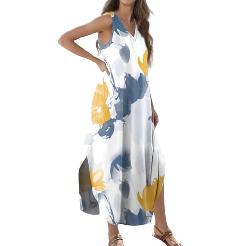 Maxikleid Damen Sommer Elegant Strandkleid Damen Luftig Damenkleider Lang mit Schlitz Sommerkleid A Linie Sommerkleider Leicht Ärmellos Kleid V Ausschnitt Kleider Frauen Blumen Locker von Generisch