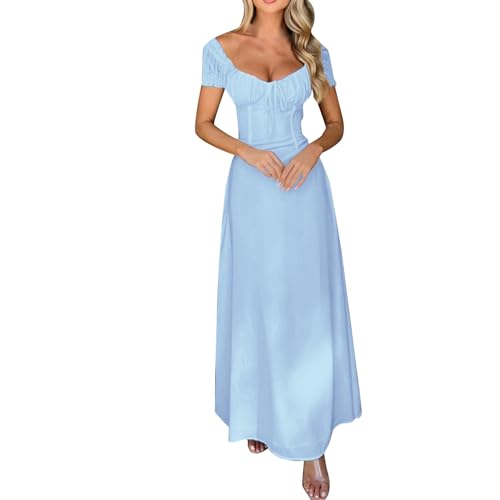 Maxikleid Damen Sommer Elegant mit Ärmel Kleider Damen Sommer Lang Rückenfrei Sommerkleider Leicht Und Luftig Sommerkleid Frauen Leicht Tailliert Schnürung A Linie Kleid Maxi Kurzarm von Generisch