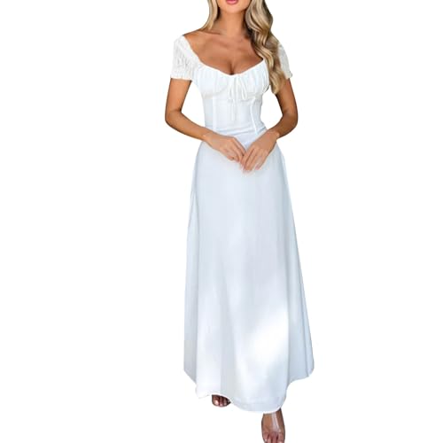 Maxikleid Damen Sommer Elegant mit Ärmel Kleider Damen Sommer Lang Rückenfrei Sommerkleider Leicht Und Luftig Sommerkleid Frauen Leicht Tailliert Schnürung A Linie Kleid Maxi Kurzarm von Generisch