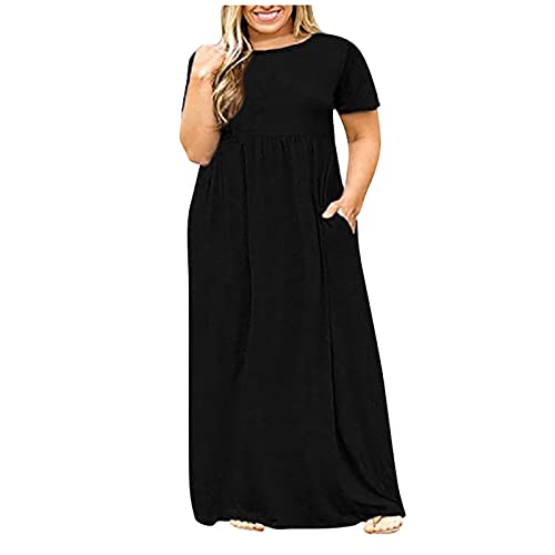 Maxikleid Damen Sommer Große Größen Blusenkleid Lang mit Taschen Sommerkleid Kurzarm üBergröße Kleider Elegant A Linie Maxi Sommerkleider Damen Leicht and Luftig Kleid Einfarbig Plus Size von Generisch