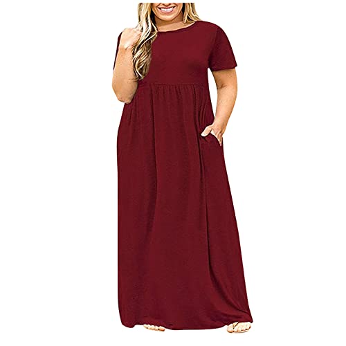 Maxikleid Damen Sommer Große Größen Blusenkleid Lang mit Taschen Sommerkleid Kurzarm üBergröße Kleider Elegant A Linie Maxi Sommerkleider Damen Leicht and Luftig Kleid Einfarbig Plus Size von Generisch