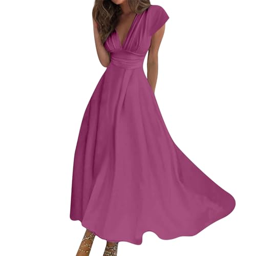 Maxikleid Damen Sommer Lang Abendkleid Damen Elegant Für Hochzeit Cocktailkleid V Ausschnitt Luftig Maxi Sommerkleid mit Ärmeln Kurzarm Skaterkleid Schwingen A Linie Kleider Korsett Leicht von Generisch