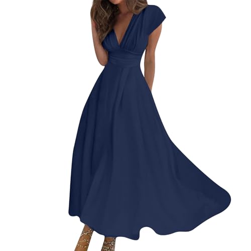 Maxikleid Damen Sommer Lang Abendkleid Damen Elegant Für Hochzeit Cocktailkleid V Ausschnitt Luftig Maxi Sommerkleid mit Ärmeln Kurzarm Skaterkleid Schwingen A Linie Kleider Korsett Leicht von Generisch