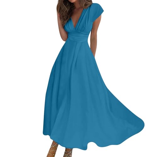 Maxikleid Damen Sommer Lang Abendkleid Damen Elegant Für Hochzeit Cocktailkleid V Ausschnitt Luftig Maxi Sommerkleid mit Ärmeln Kurzarm Skaterkleid Schwingen A Linie Kleider Korsett Leicht von Generisch