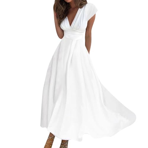 Maxikleid Damen Sommer Lang Abendkleid Damen Elegant Für Hochzeit Cocktailkleid V Ausschnitt Luftig Maxi Sommerkleid mit Ärmeln Kurzarm Skaterkleid Schwingen A Linie Kleider Korsett Leicht von Generisch