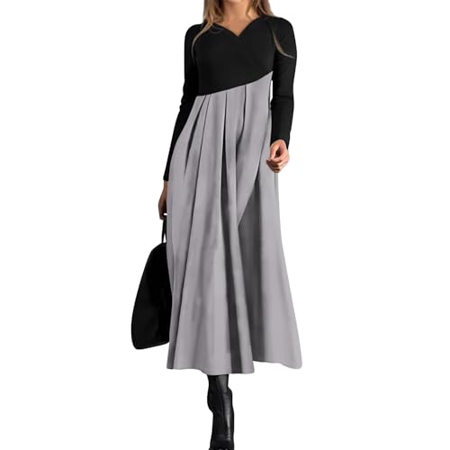 Maxikleider Damen Langarm Patchwork Plissee Kleider Damen Lang V Ausschnitt Elegant Herbstkleid Damen Maxi A-Linien Plisseekleid Frauen Farbblock Locker Kleid Frühling Zweifarbig Casual Maxikleider Damen Langarm Patchwork Plissee Kleider Damen Lang V Ausschnitt Elegant Herbstkleid Damen Maxi A-Linien Plisseekleid Frauen Farbblock Locker Kleid Frühling Zweifarbig Casual von Generisch