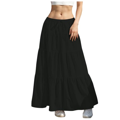 Maxirock Damen Lang Hohe Taille Röcke Boho Elegant Maxi Rock A-Linie Faltenrock Schichtung Kordelzug Plisseerock Einfarbig Sommerrock Leicht und Luftig Strandrock Chiffon(Black, S) von Generisch