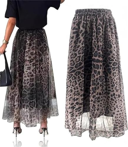 Maxirock mit Leopardenmuster, Lagendesign, hohe Taille, versteckter elastischer A-Linien-Röcke, geschichtetes Design, Chiffonröcke, leopard, L von Generisch