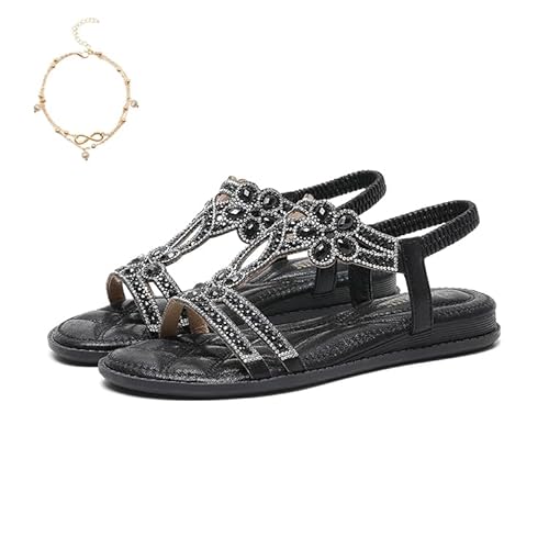 Maxmana Orthopädische Boho Sandalen, Vidana Elegant Bequem Sommer Boho Style Kristalle Sandalen Damen (Schwarz, Erwachsene, Damen, 37, Numerisch, EU Schuhgrößensystem, M) von Generisch