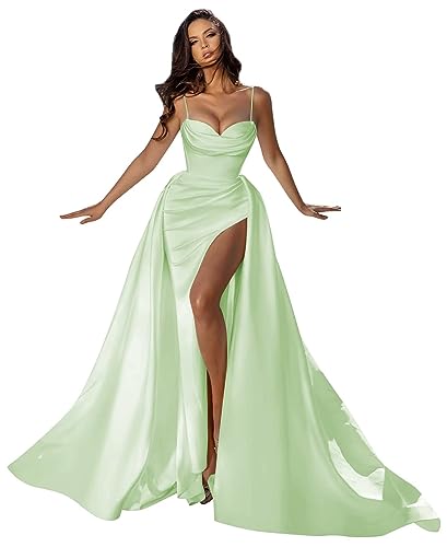 Meerjungfrau Abschlussball Kleider für Frauen Langer Schatz Brautkleid Plissiert Hoch Schlitz formelles Abendballkleid mit Schleppe Mint Green S von Generisch