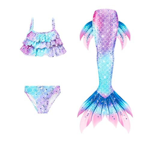 𝙈eerjung𝙛rau Flosse Mädchen Mit Badeanzug 3-Teiliges Set 𝙈eerjung𝙛rau-Cosplay 𝙈eerjung𝙛rauenflosse Performance-Outfit Monoflosse Kostüm Badekleid Badebekleidung Für 4-13 Jahre Blue 140 von Generisch
