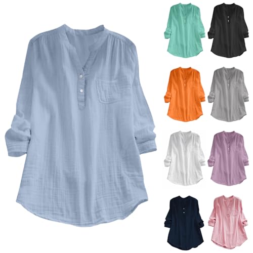 Meine Bestellungen 2025 Musselin Bluse Damen Baumwolle Leinen Shirt V Ausschnitt Longbluse Oversize Langarm Leinenbluse Sommer Oberteile Tunika Leinenshirt Leicht Und Luftig von Generisch