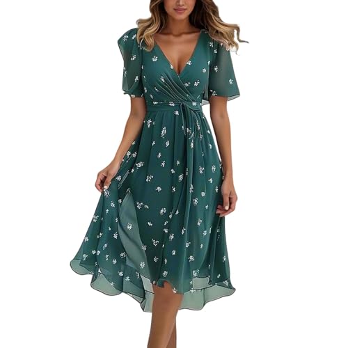 Meine Bestellungen Anzeigen, Cocktailkleid Damen Lang Elegant Chiffon Abendkleider Summerkleid Knielang Tunika Bindegürtel Hohe Taille Kleider Dress for Women Freizeitkleid Sommerkleid Grüne von Generisch
