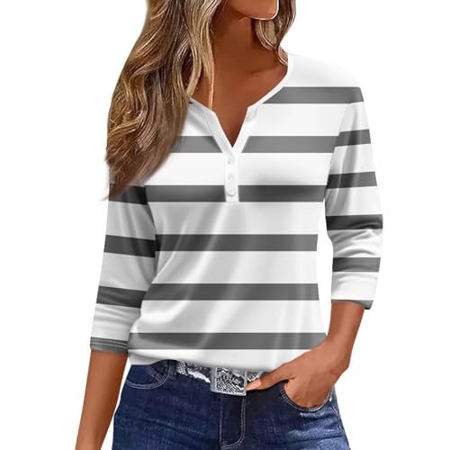 HUIFUAO Damen T-Shirt, V-Ausschnitt, 3/4-Ärmel, Gestreift, Farbblock-Top, Basic-Sommer-Shirt, Lockere Passform, A02 Grau, XXL von Generisch