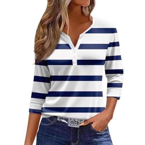 Meine Bestellungenn HUIFUAO T-Shirts für Damen, Knopf, V-Ausschnitt, 3/4-Ärmel, T-Shirts für Damen, gestreift, Farbblock-Top, Basic-Sommer-T-Shirts für Damen, lockere Passform, A02 Navy, Large von Generisch